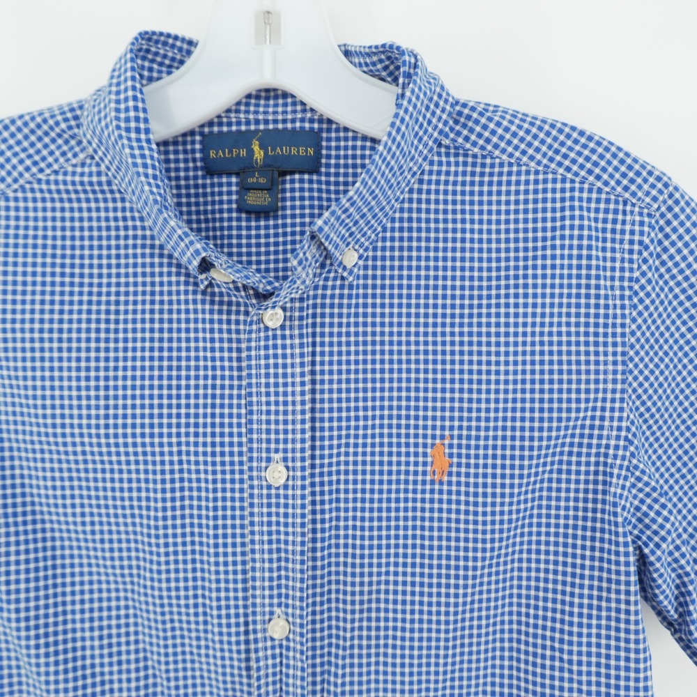 Ralph Lauren Button Down Shirt Kids L 14-16 Blue Gingham Short Sleeve Polo Pony